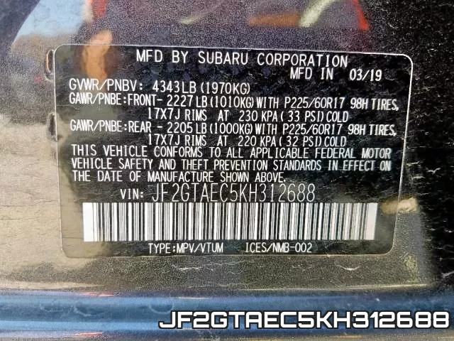JF2GTAEC5KH312688 фото 2