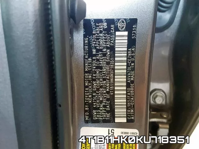 4T1B11HK0KU718351 фото 2