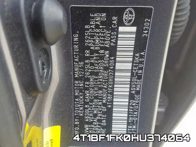 4T1BF1FK0HU374064 фото 2