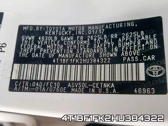 4T1BF1FK2HU384322 фото 2