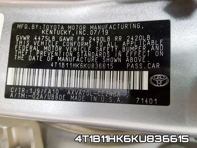 4T1B11HK6KU836615 фото 2