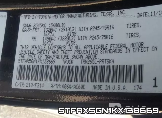 5TFAX5GN1KX138669 фото 10
