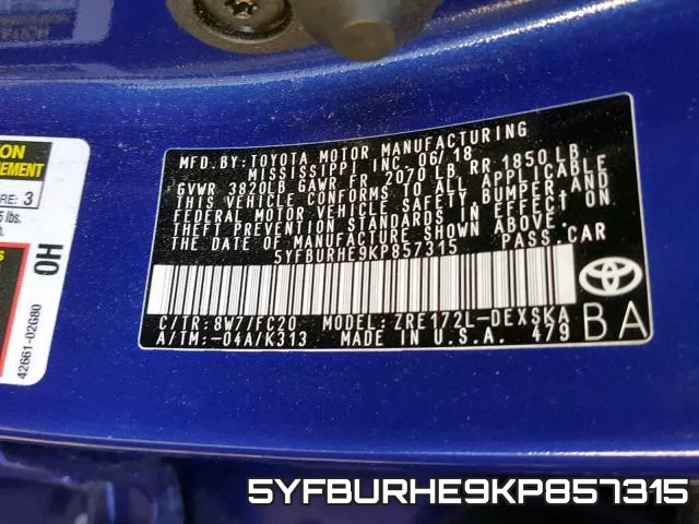 5YFBURHE9KP857315 фото 2