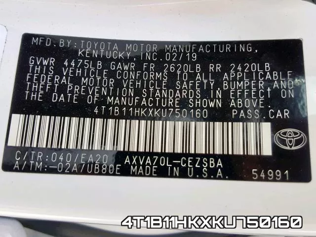 4T1B11HKXKU750160 фото 2