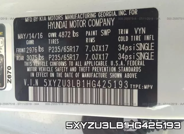 5XYZU3LB1HG425193 фото 10