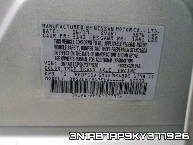 3N1AB7AP9KY377926 фото 2