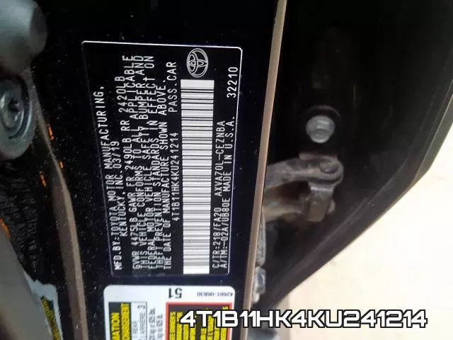 4T1B11HK4KU241214 фото 2