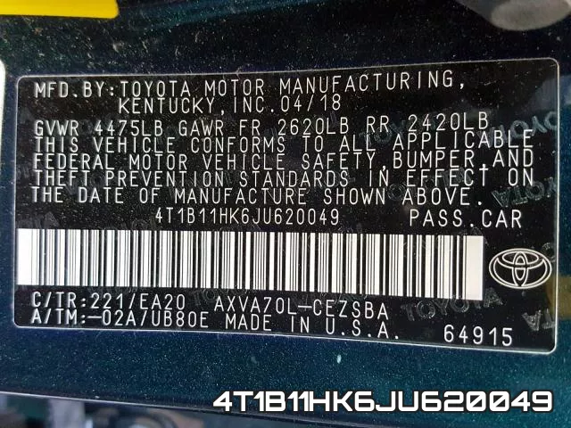 4T1B11HK6JU620049 фото 2