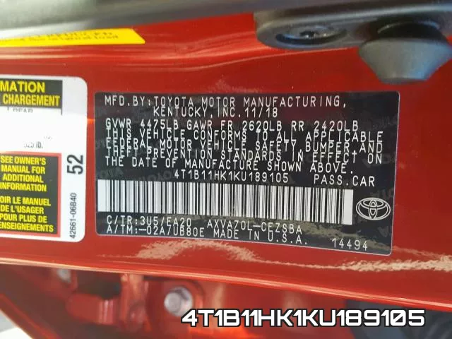 4T1B11HK1KU189105 фото 2