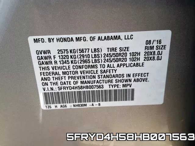5FRYD4H58HB007563 фото 2