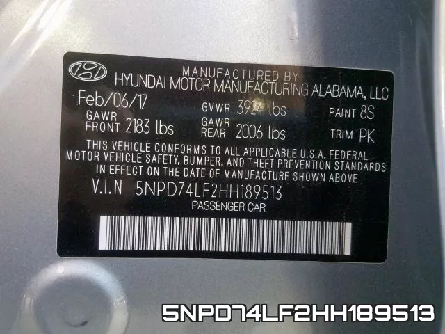 5NPD74LF2HH189513 фото 2