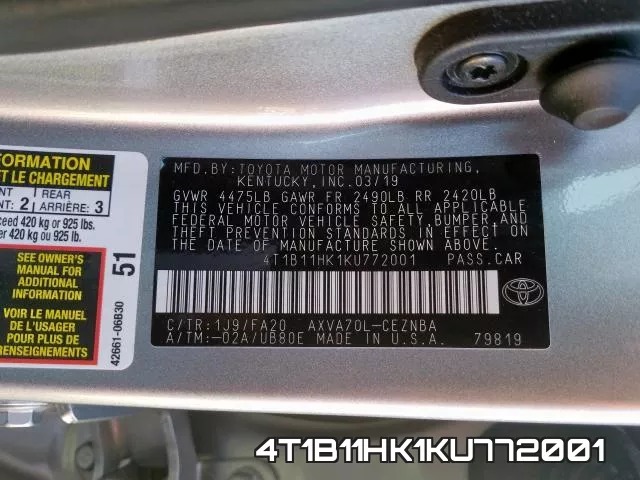 4T1B11HK1KU772001 фото 2