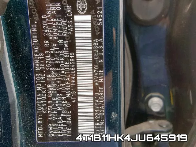 4T1B11HK4JU645919 фото 2