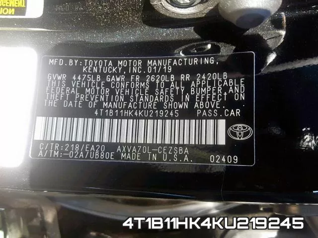 4T1B11HK4KU219245 фото 2