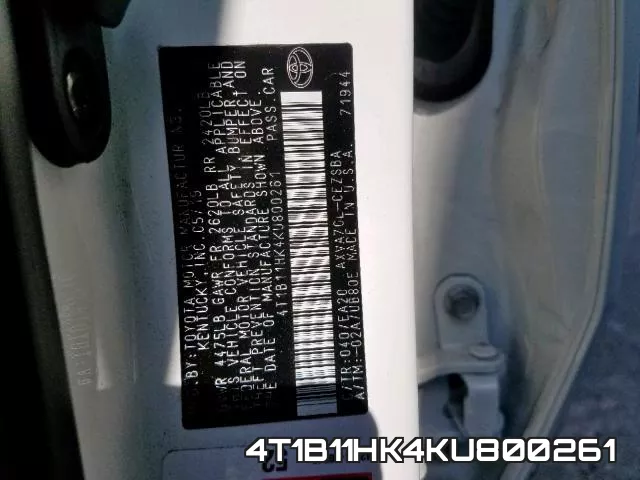 4T1B11HK4KU800261 фото 2