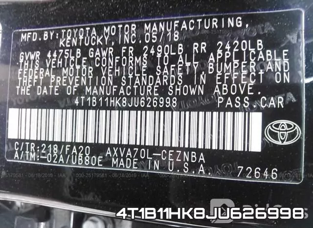 4T1B11HK8JU626998 фото 10