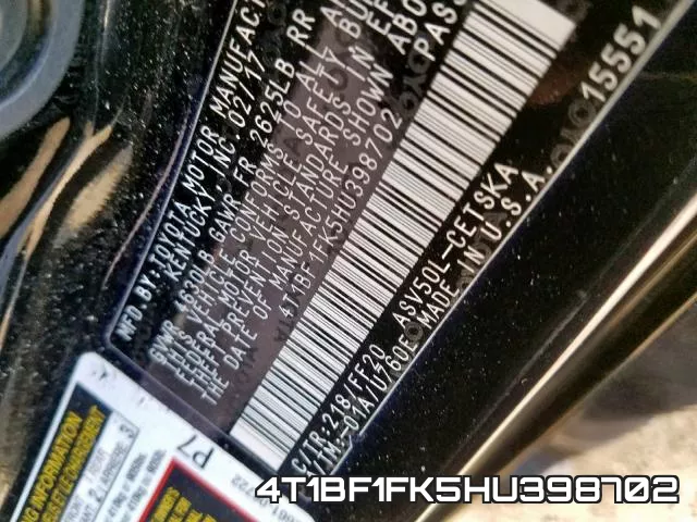 4T1BF1FK5HU398702 фото 2
