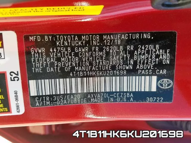 4T1B11HK6KU201698 фото 2