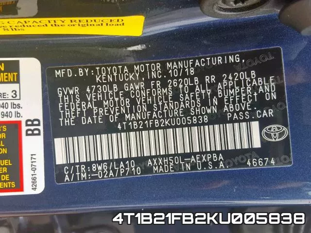 4T1B21FB2KU005838 фото 2