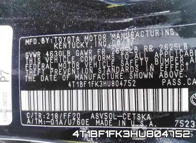 4T1BF1FK3HU804752 фото 10