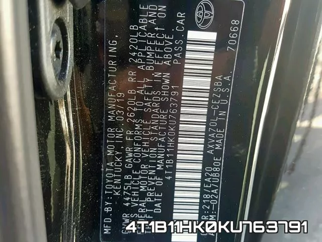 4T1B11HK0KU763791 фото 2
