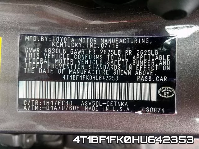 4T1BF1FK0HU642353 фото 2