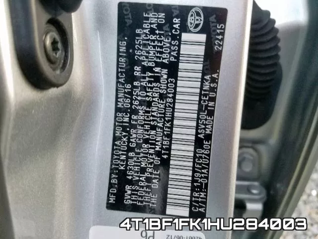 4T1BF1FK1HU284003 фото 2
