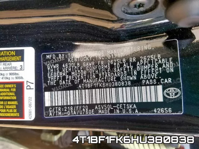 4T1BF1FK6HU380838 фото 2