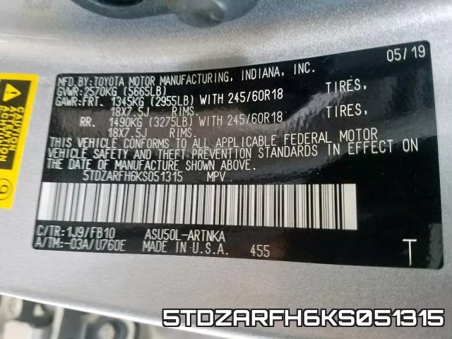 5TDZARFH6KS051315 фото 2