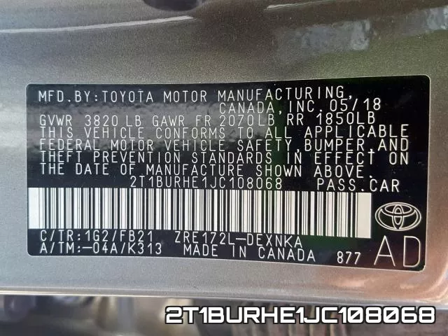 2T1BURHE1JC108068 фото 2