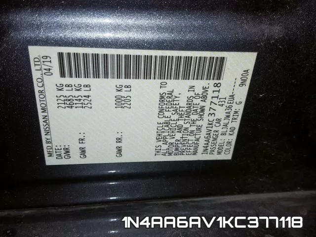 1N4AA6AV1KC377118 фото 2