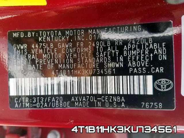 4T1B11HK3KU734561 фото 2