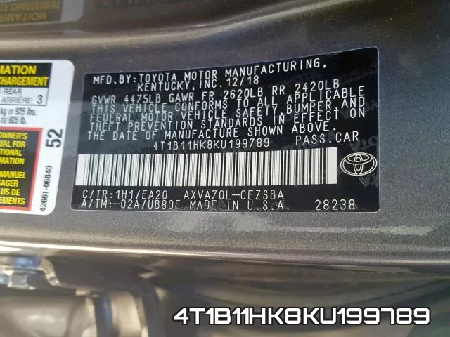 4T1B11HK8KU199789 фото 2