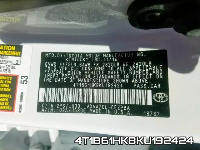 4T1B61HK8KU192424 фото 2