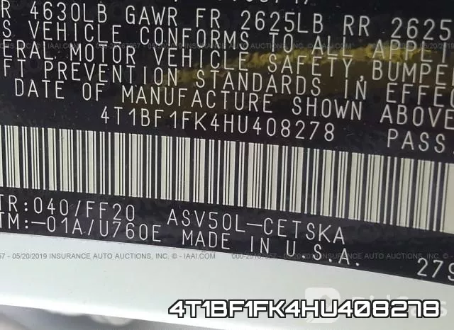4T1BF1FK4HU408278 фото 10