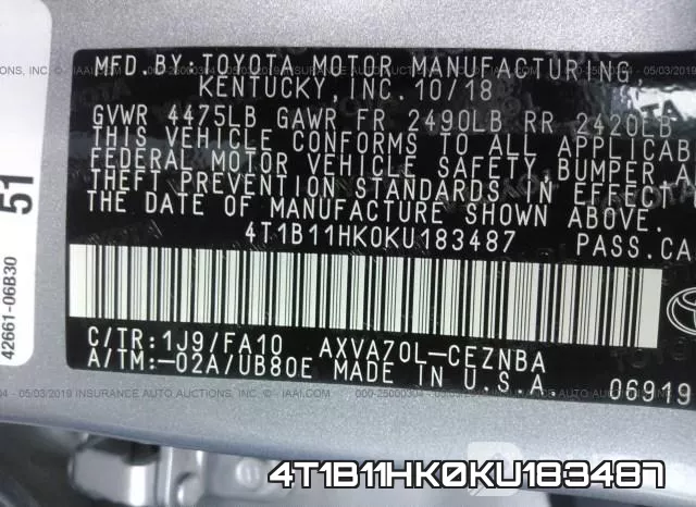 4T1B11HK0KU183487 фото 10