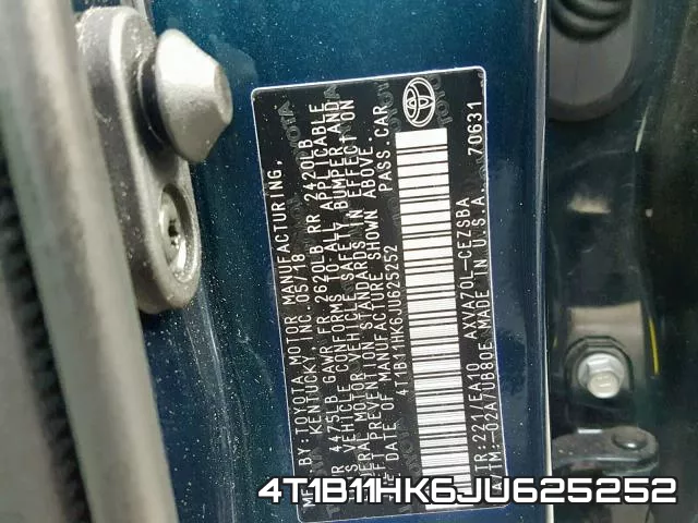 4T1B11HK6JU625252 фото 2