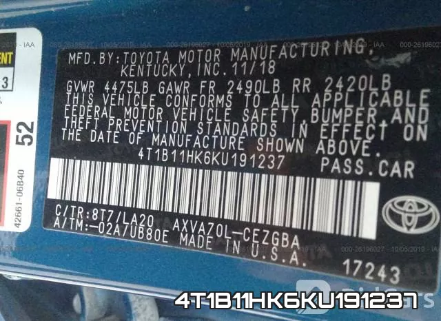 4T1B11HK6KU191237 фото 10