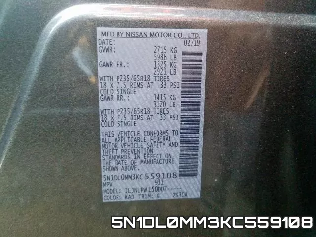 5N1DL0MM3KC559108 фото 2