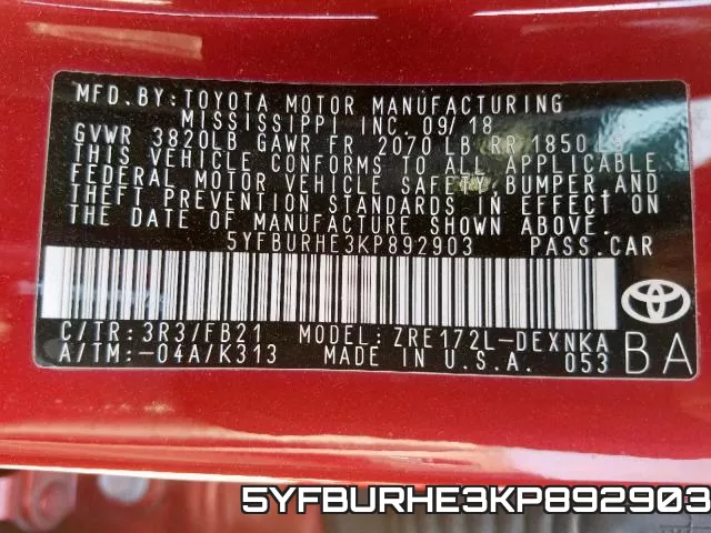5YFBURHE3KP892903 фото 2