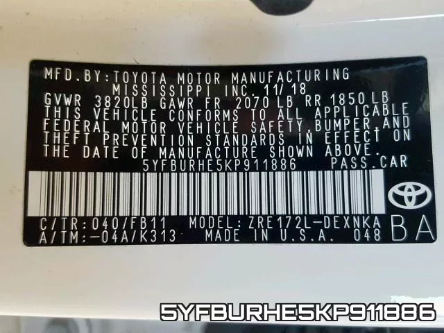 5YFBURHE5KP911886 фото 2