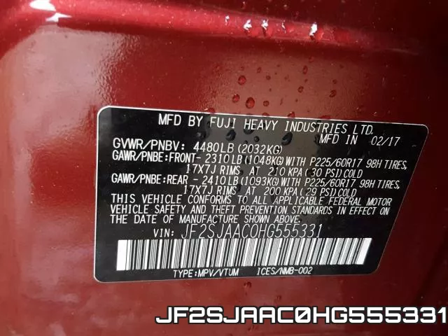 JF2SJAAC0HG555331 фото 2