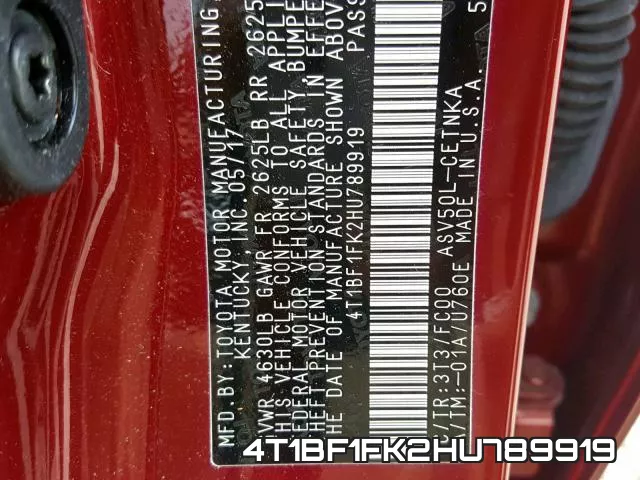 4T1BF1FK2HU789919 фото 2