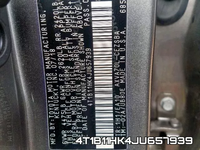 4T1B11HK4JU657939 фото 2
