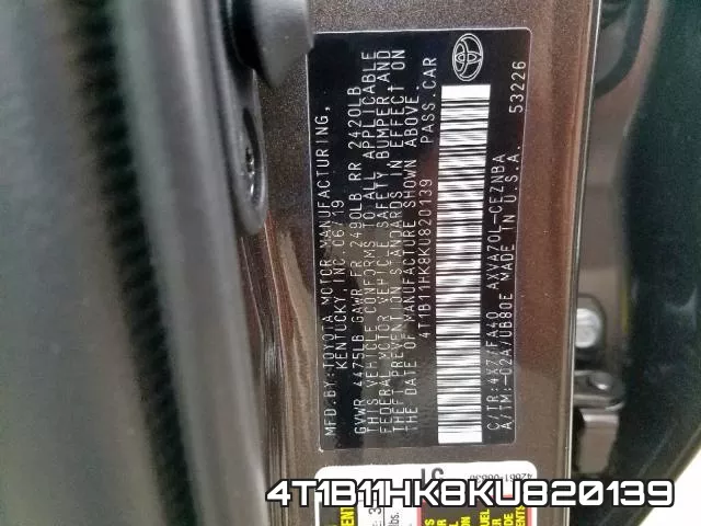 4T1B11HK8KU820139 фото 2