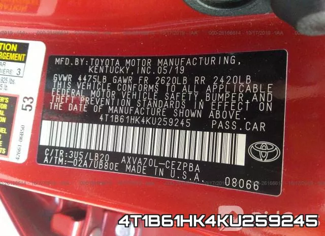 4T1B61HK4KU259245 фото 10