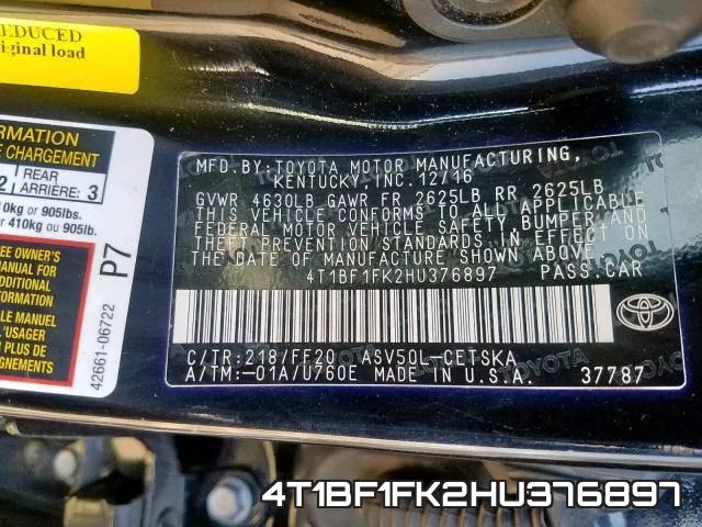 4T1BF1FK2HU376897 фото 2