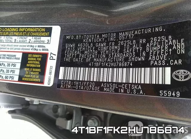4T1BF1FK2HU786874 фото 10