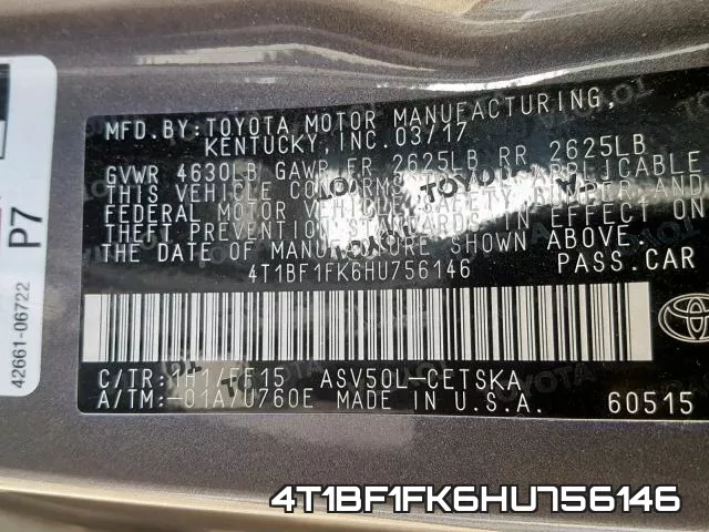 4T1BF1FK6HU756146 фото 2