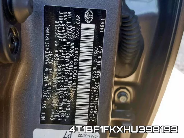 4T1BF1FKXHU398193 фото 2